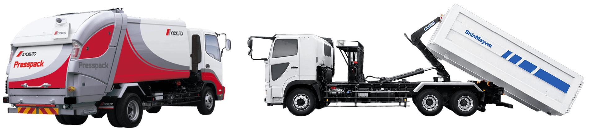 極東開発工業のパッカー車と新明和工業のアームロールが横に並んだ画像